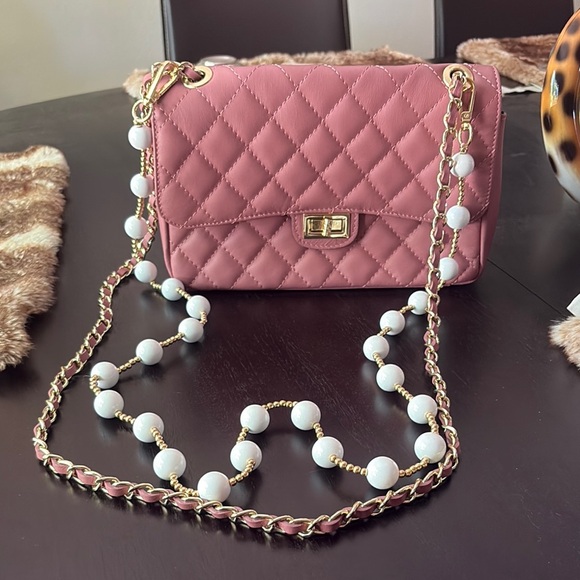 Elegant Genuine Pink Quilted leather Shoulder Bag with extra strap